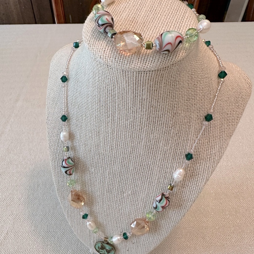 Handmade 2pc Necklace & Bracelet Set Enamel Butterfly Vintage Lamp Work Beads - Picture 14 of 16